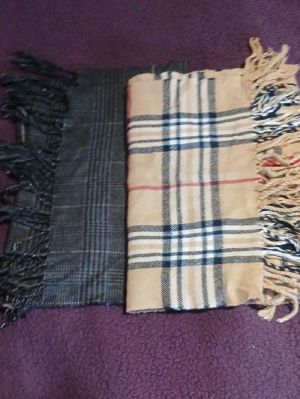 Classic Plaid Tan and Black Fringe Scarf Set